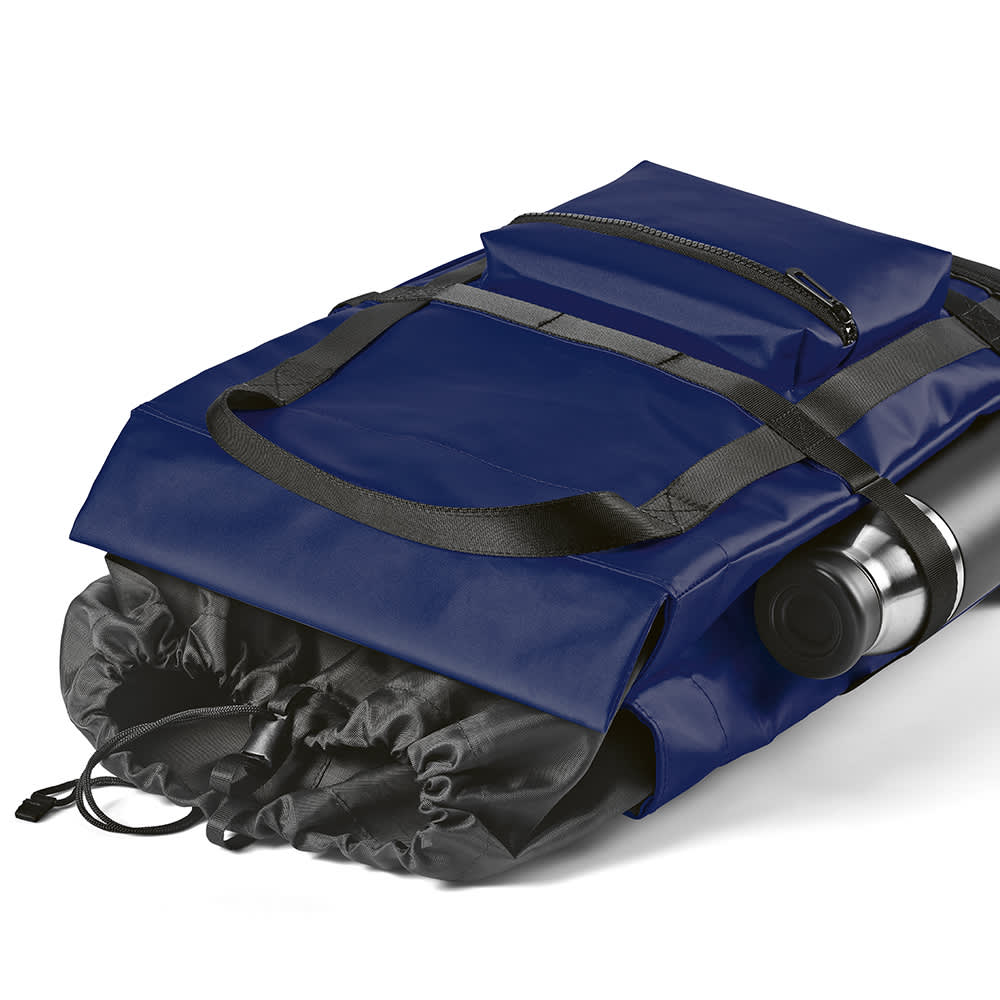 A navy Wellington Backpack with magnetic closing, featuring a compartment for a 17" laptop and a drink bottle holder.
