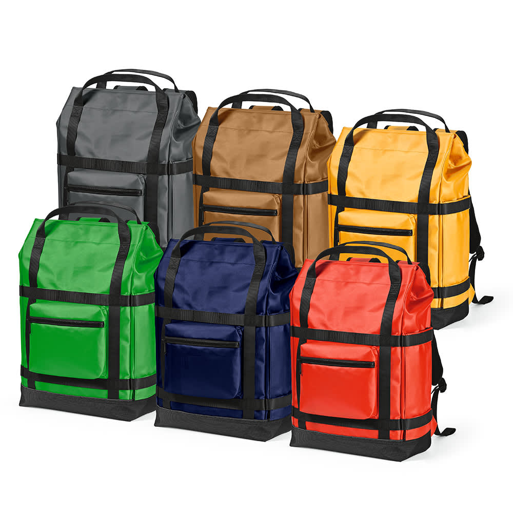 Various Wellington Backpacks in grey, brown, yellow, green, navy, and red, featuring magnetic closures and a front pocket.