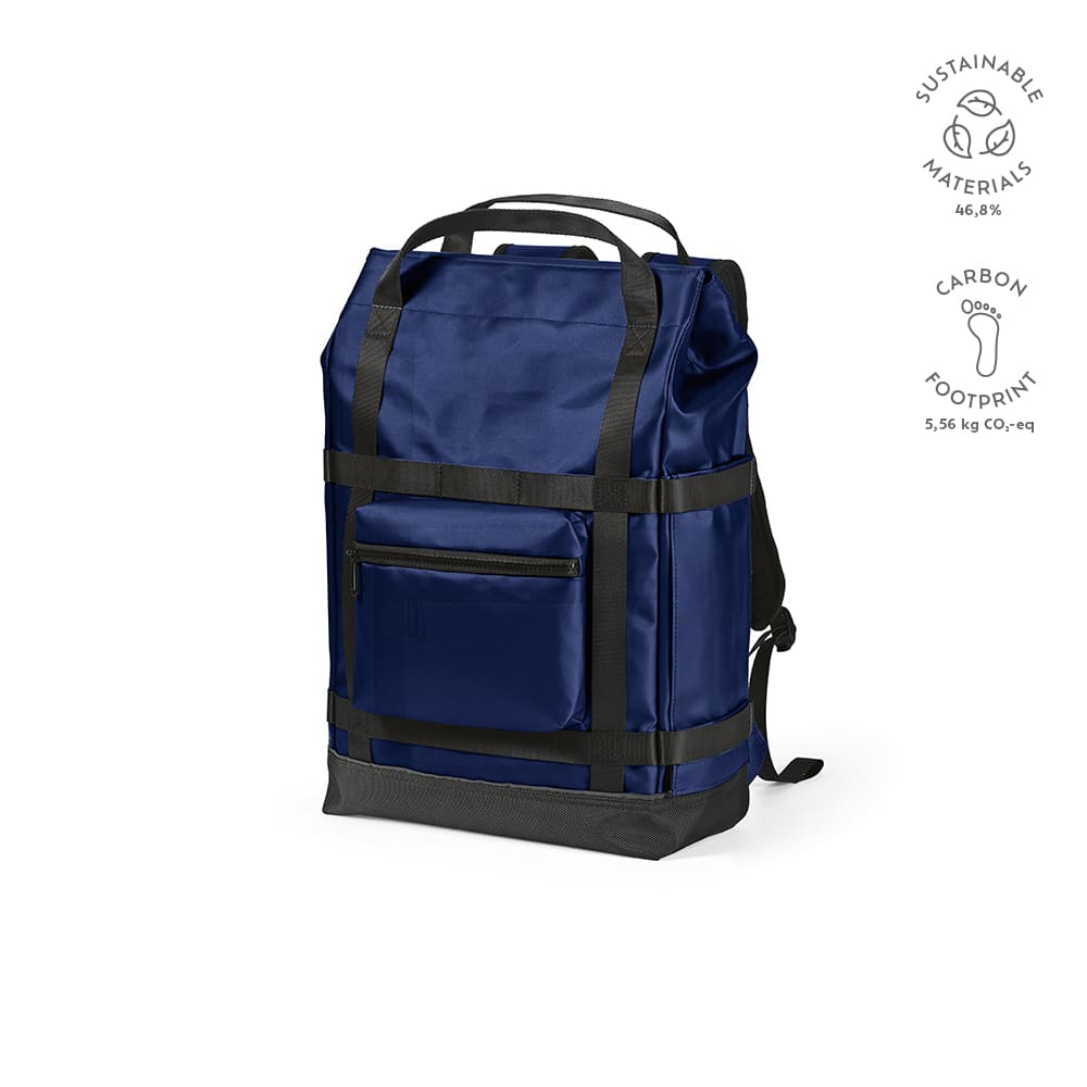 A navy blue backpack with a magnetic closure, made from sustainable materials, featuring a front pocket and a logo.