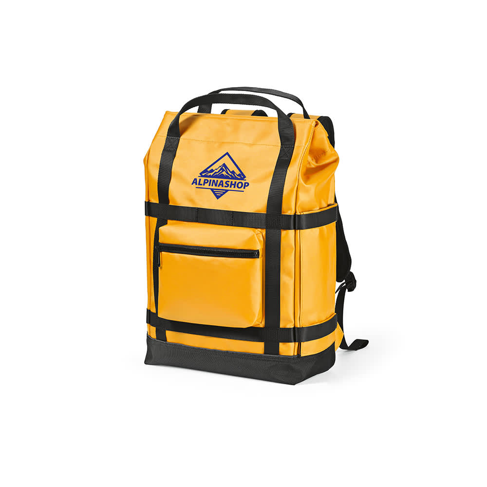 A yellow Wellington backpack with a magnetic closure, featuring a front pocket and a logo. Fits a 17" laptop.