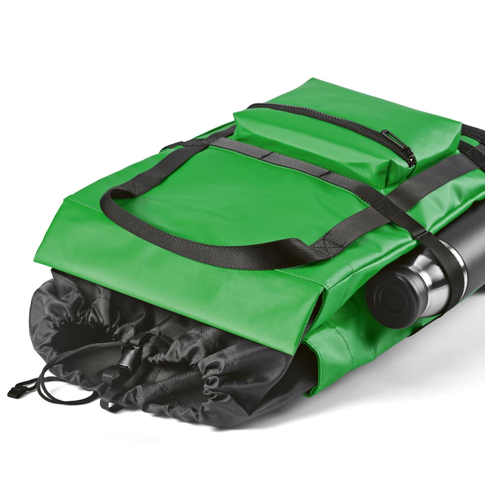A green Wellington backpack featuring magnetic closing, adjustable straps, and a logo. Fits a 17" laptop.