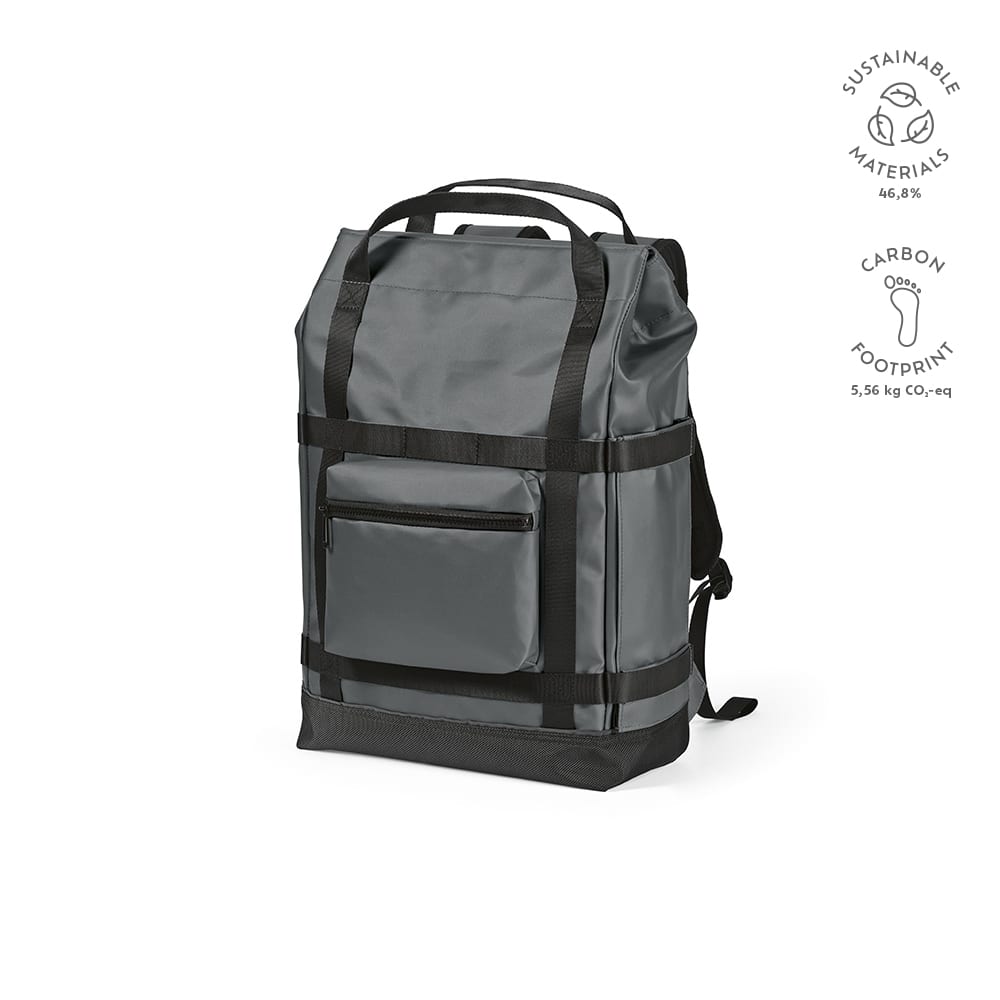 A grey backpack with a magnetic closure, made from sustainable materials, featuring a front pocket and adjustable straps.