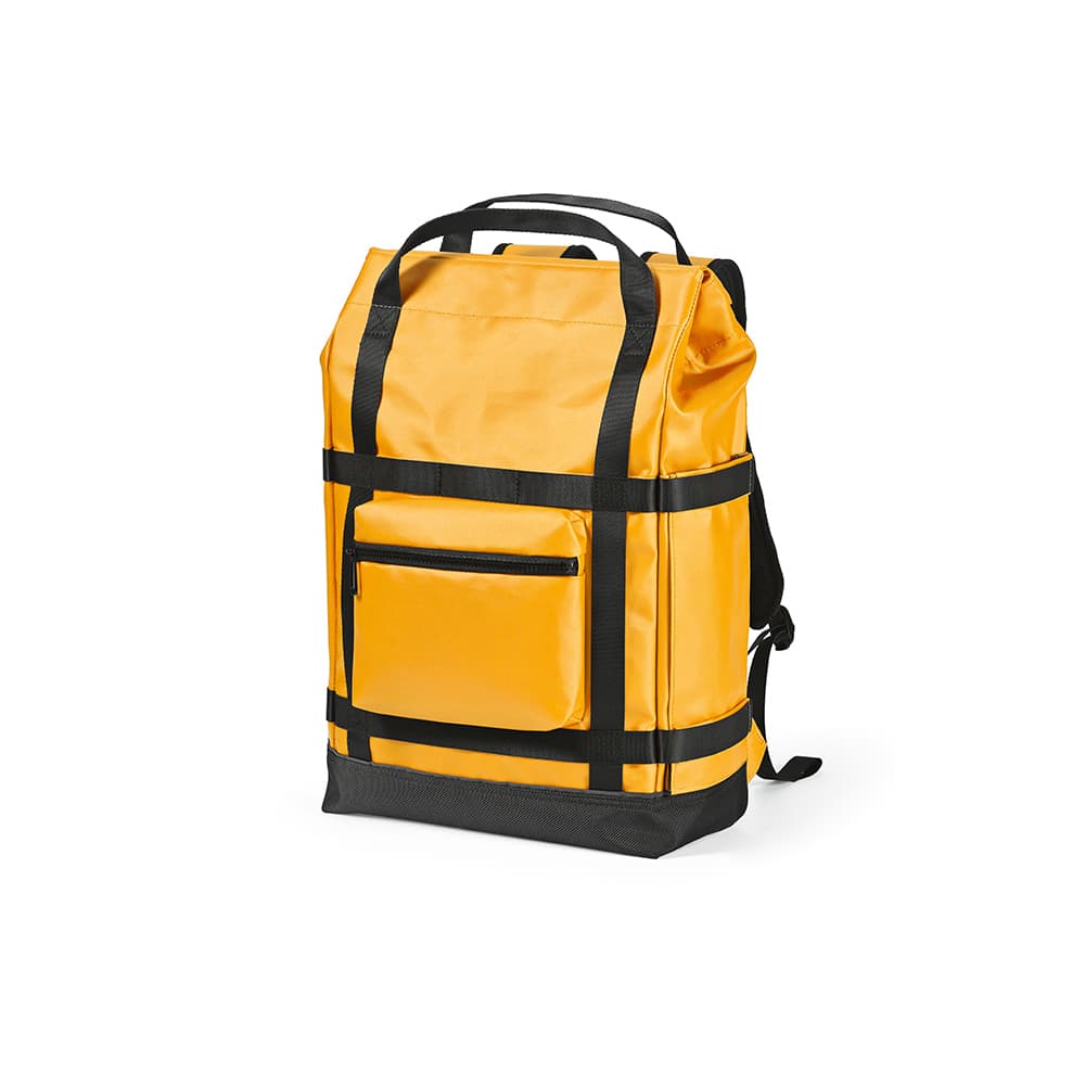 A bright yellow Wellington Backpack with magnetic closing and adjustable straps, featuring a front pocket and a logo.