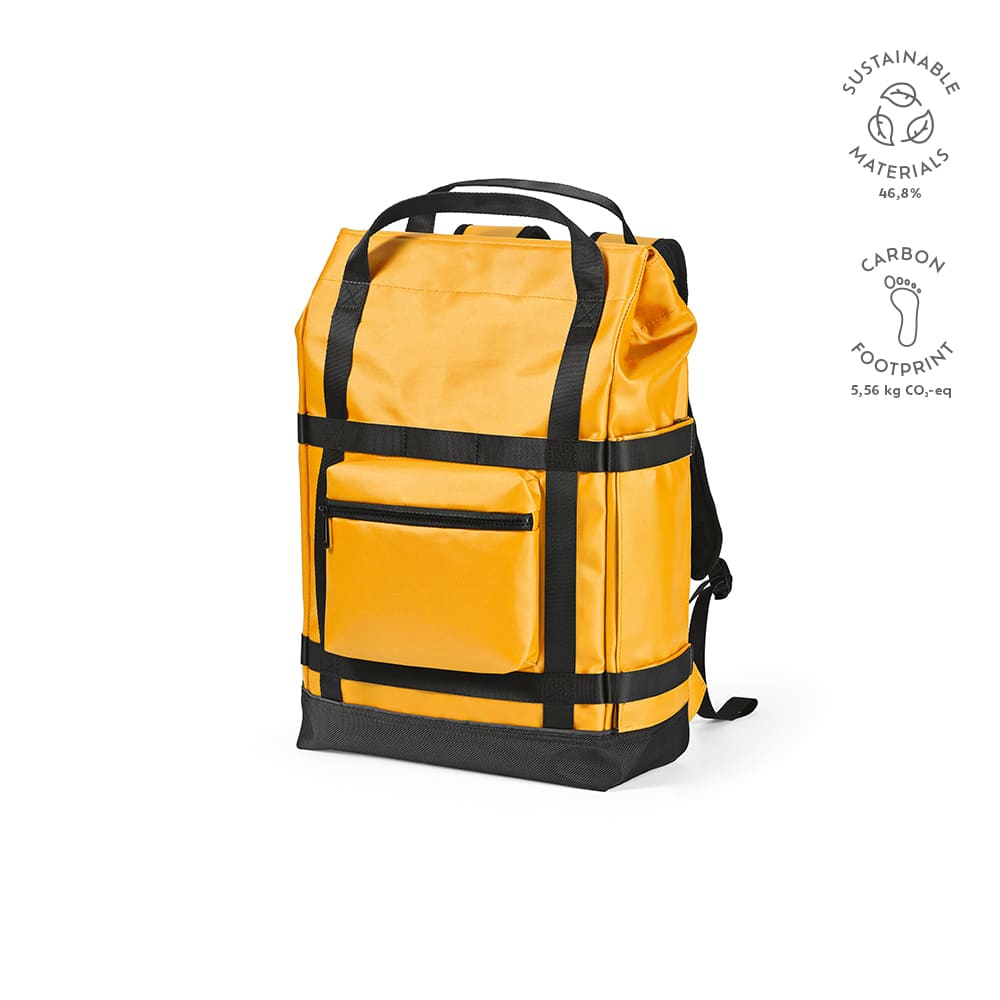 A yellow Wellington Backpack made from sustainable materials, featuring a magnetic closing and a front pocket.