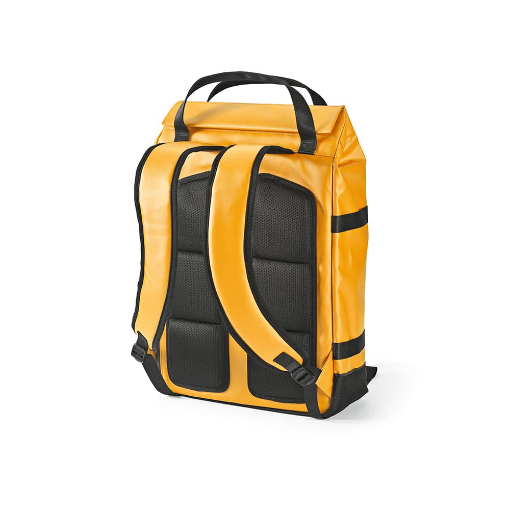 A yellow and black Wellington Backpack featuring padded straps and a magnetic closure, designed to fit a 17" laptop.