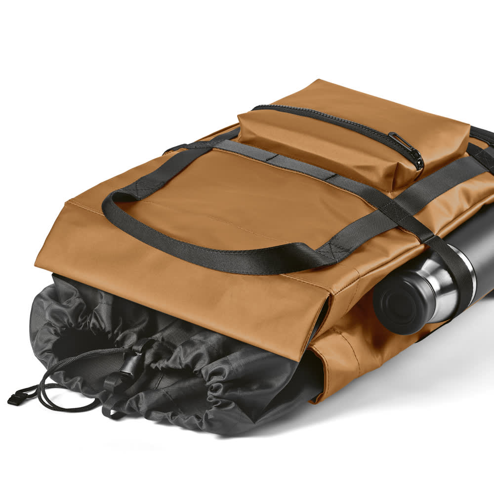 A brown Wellington Backpack featuring a magnetic closing, adjustable straps, and a water bottle pocket.
