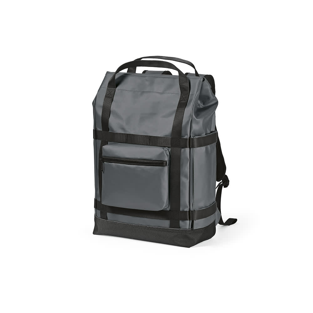 A grey Wellington Backpack with magnetic closing, featuring a front pocket and adjustable straps, fits a 17" laptop.