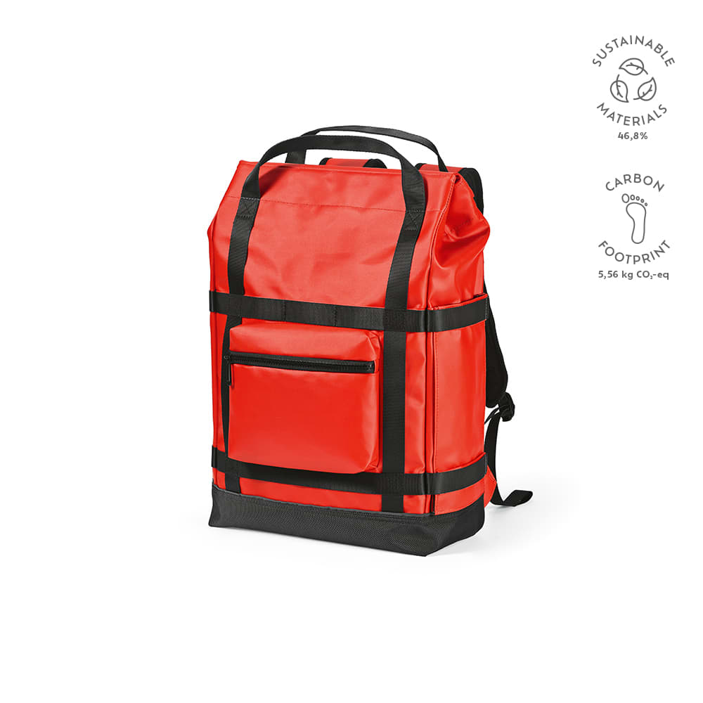 A red Wellington backpack made from sustainable materials, featuring a magnetic closing and a front pocket.