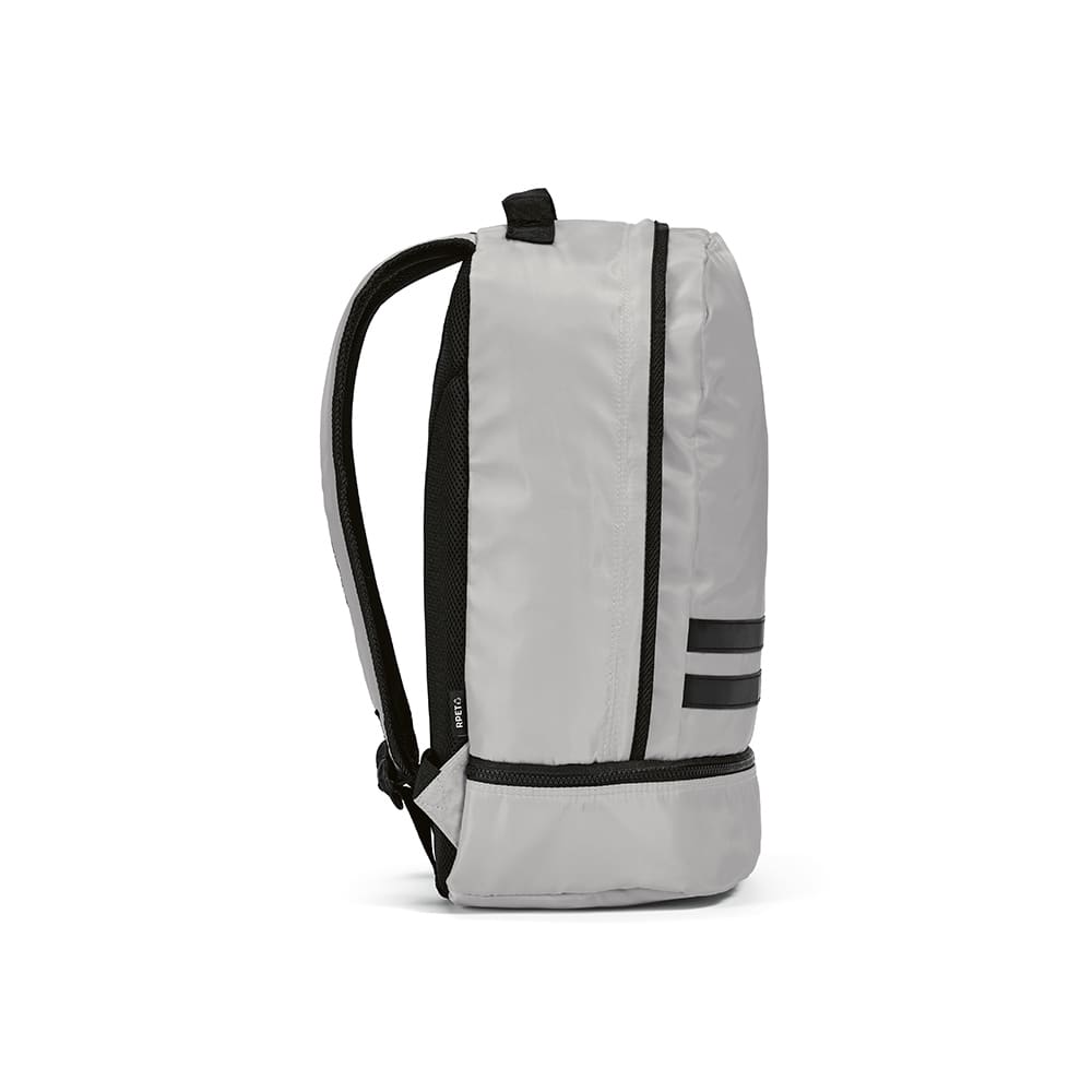 A grey Buenos Aires backpack featuring reflective front strips, with a sleek design and adjustable straps.