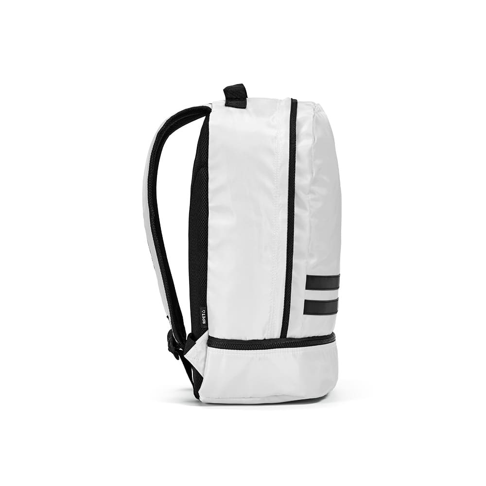 A white and black backpack featuring reflective front strips and adjustable straps. It has a sleek, modern design.