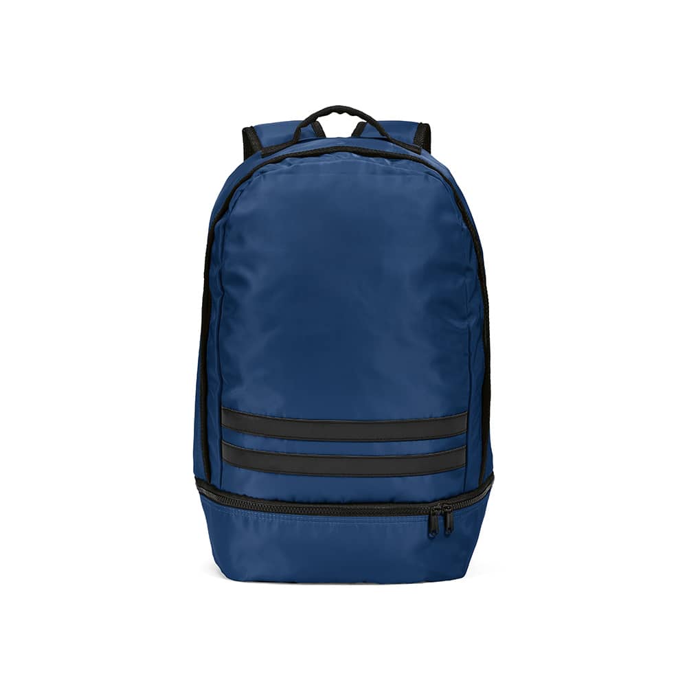 A blue backpack with reflective front strips and a zippered compartment. The design features a logo.