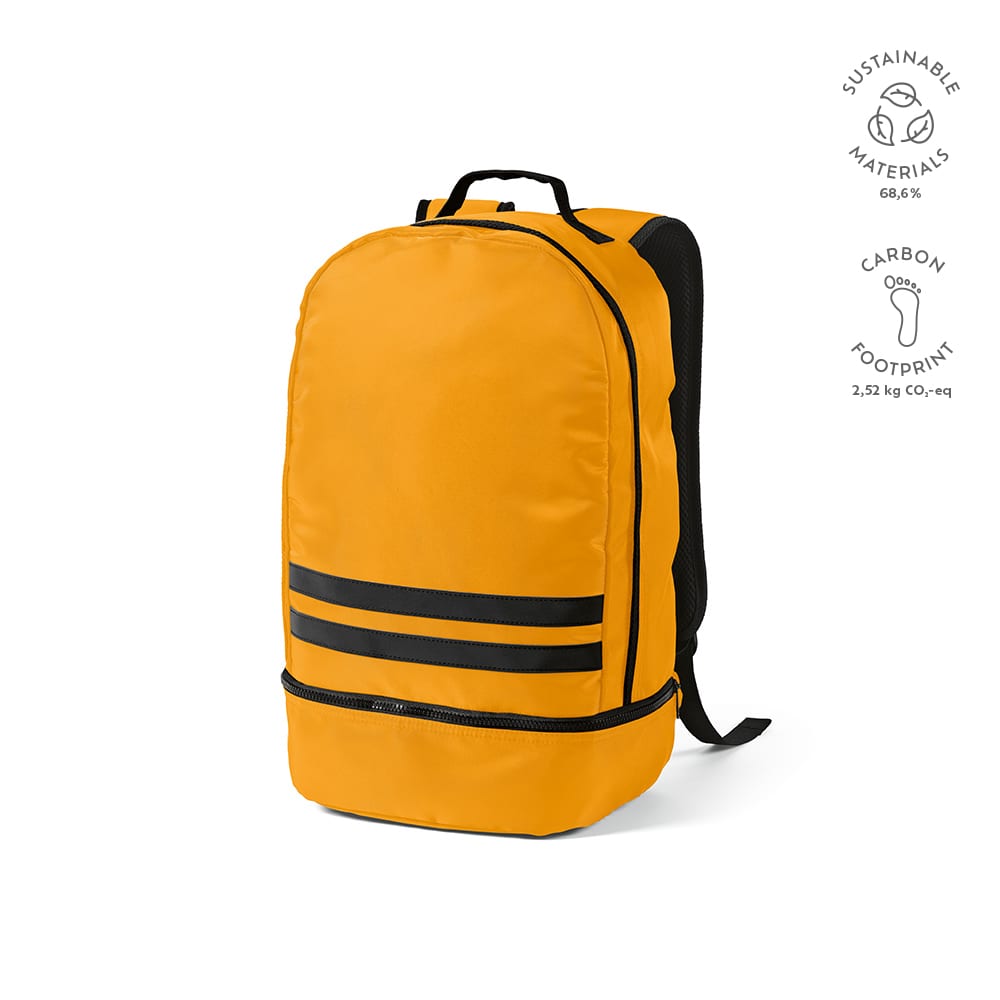 An orange backpack with black reflective front strips, featuring a sleek design and a logo.