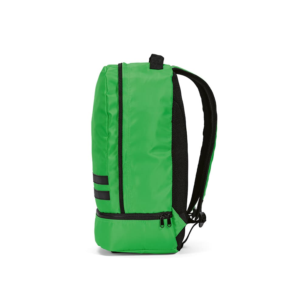 A green backpack with a zippered compartment and reflective front strips, featuring black straps.