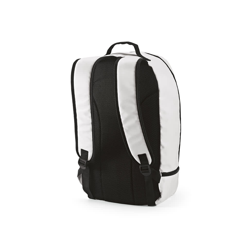 A black and white backpack with reflective front strips and padded straps for comfort. It features a logo on the side.