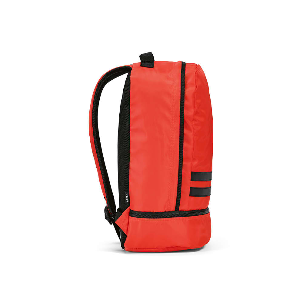 A red backpack with black reflective front strips and adjustable straps, featuring a logo on the side.