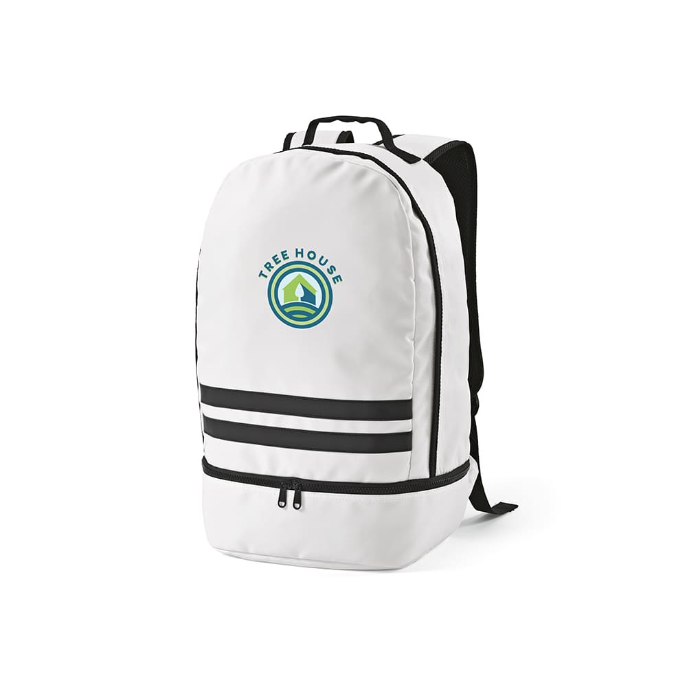 A white backpack with black reflective strips and a logo on the front, featuring a stylish design.