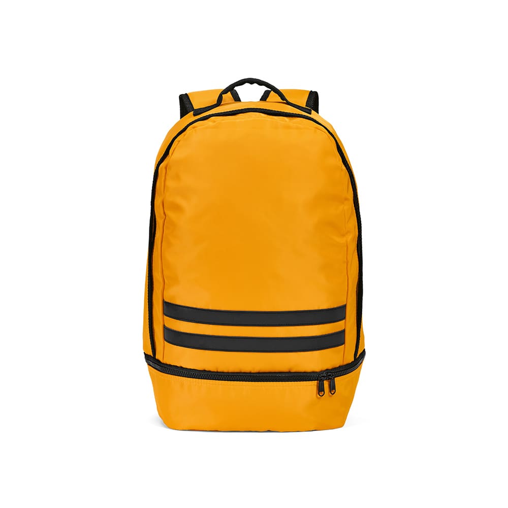 An orange backpack with black reflective front strips and a zippered compartment at the base.