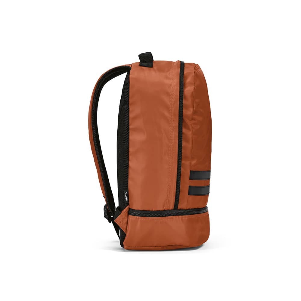 A brown 25L rPET backpack featuring reflective front strips and black accents. It has padded shoulder straps.