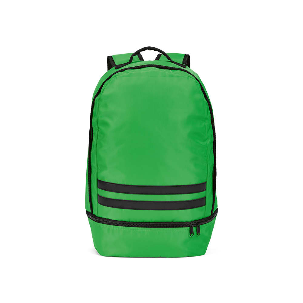 A green backpack with reflective front strips and a zippered base, featuring shoulder straps and a top handle.