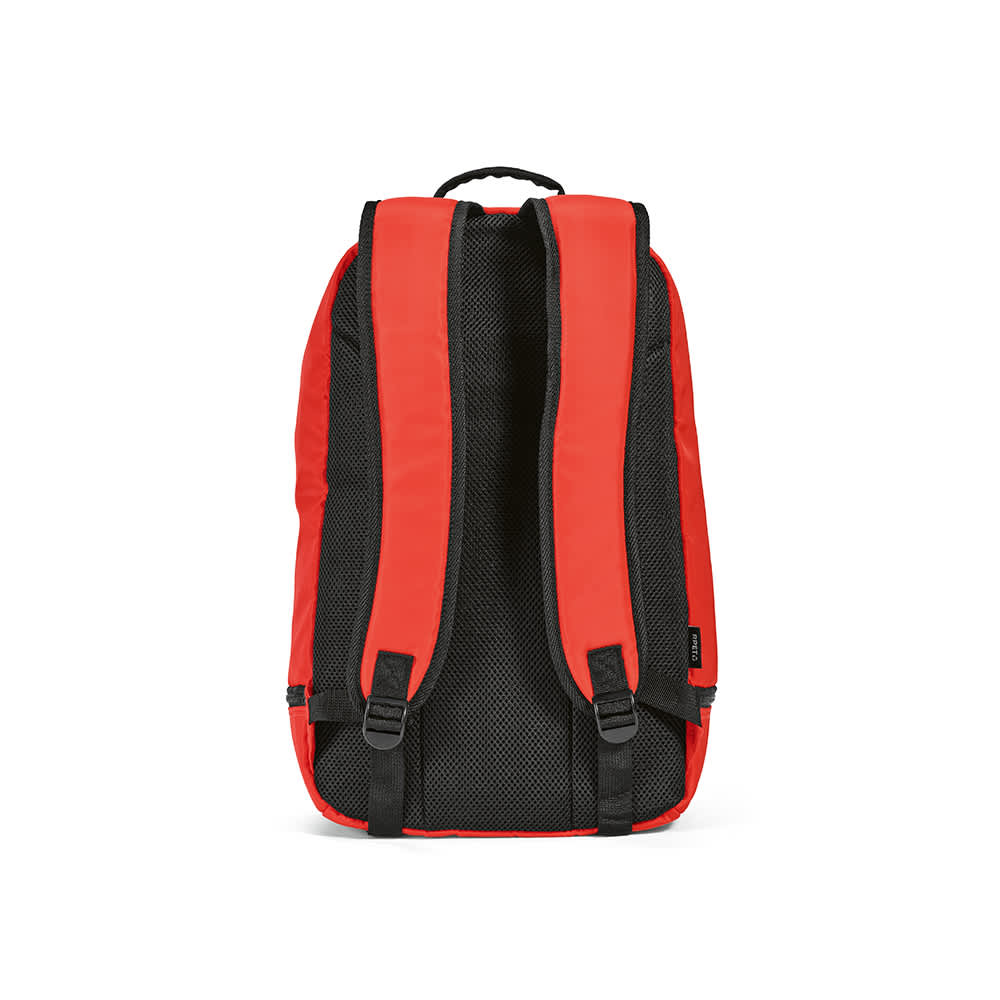 A red backpack with black mesh straps and a top handle. Features reflective front strips and a logo.