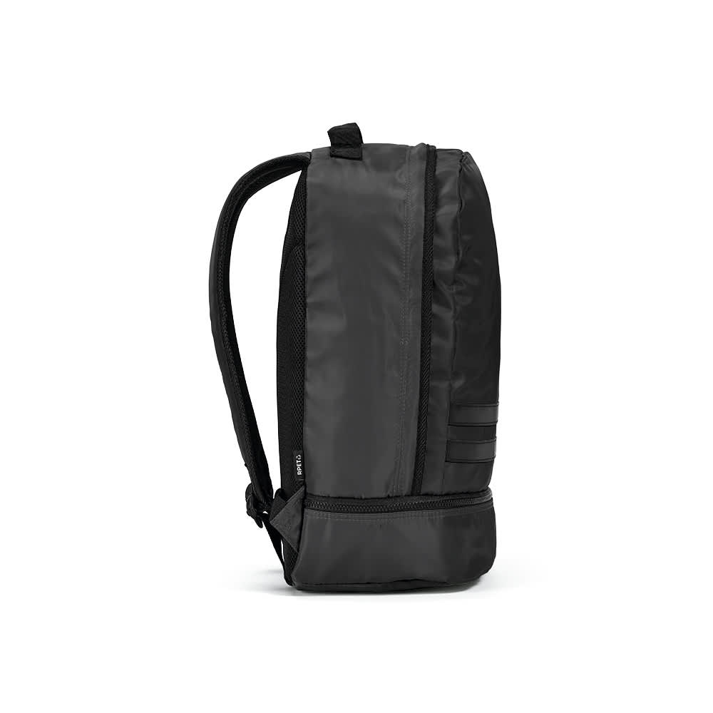A black backpack with reflective front strips and adjustable shoulder straps. The bag has a sleek, modern design.