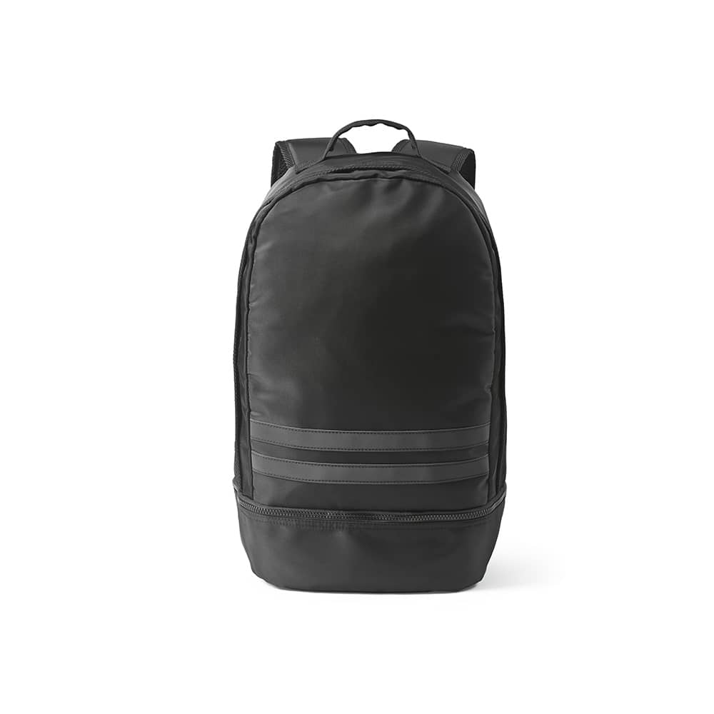 A black backpack with reflective front strips and a top handle, featuring a sleek design and adjustable straps.
