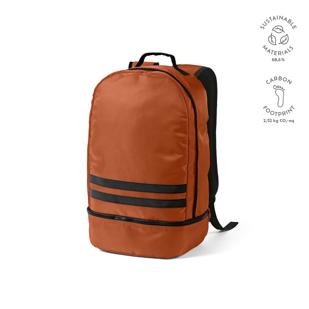 An orange backpack with reflective front strips, featuring a black back panel and a logo. Made from sustainable materials.