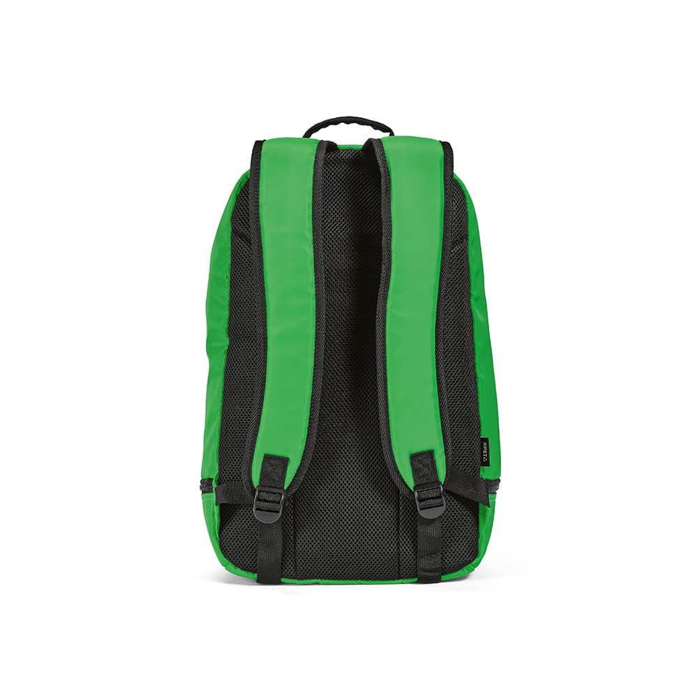 A green backpack with black mesh straps and reflective front strips. It features a logo on the side.