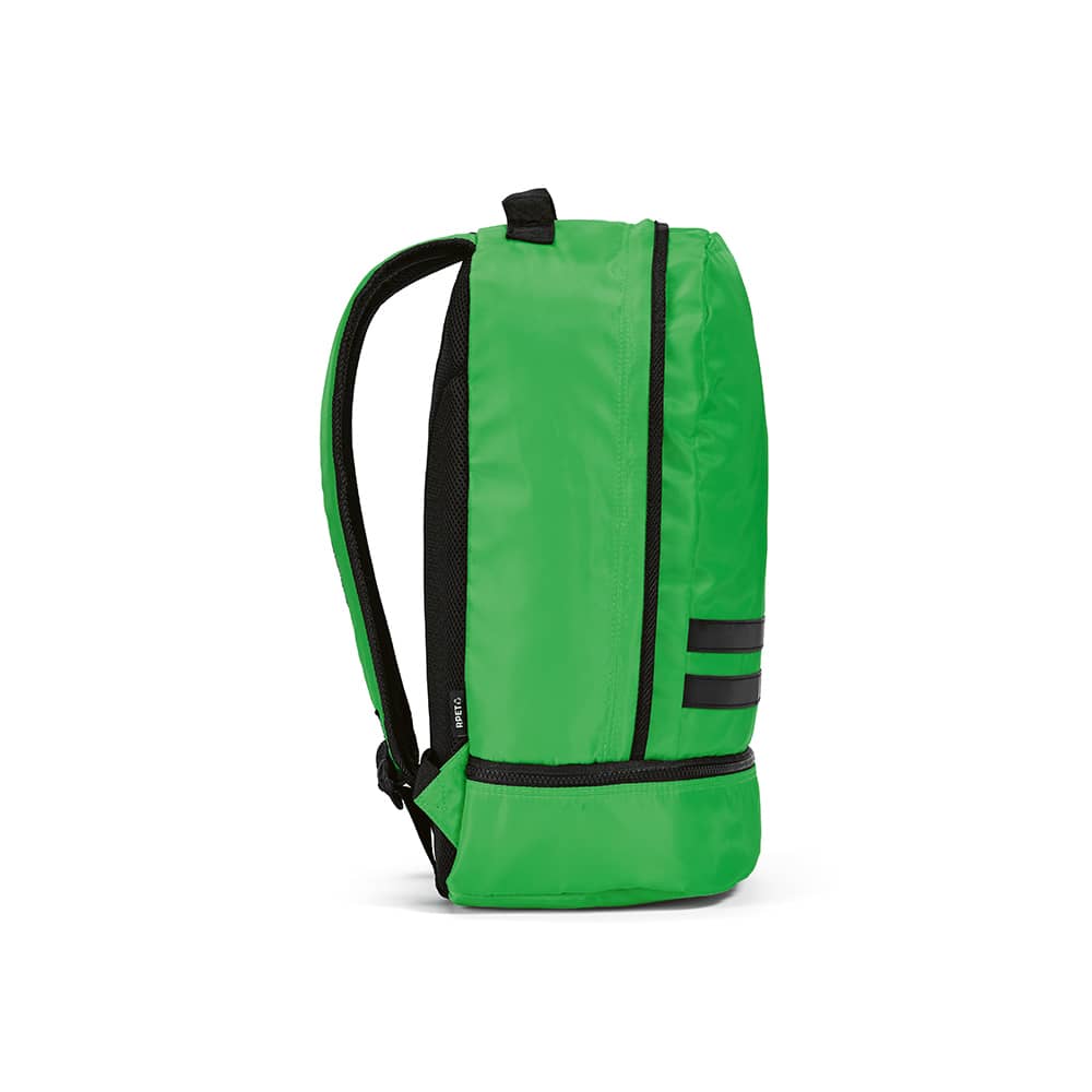 A green backpack with black reflective strips and padded shoulder straps. It has a sleek design and a zippered compartment.