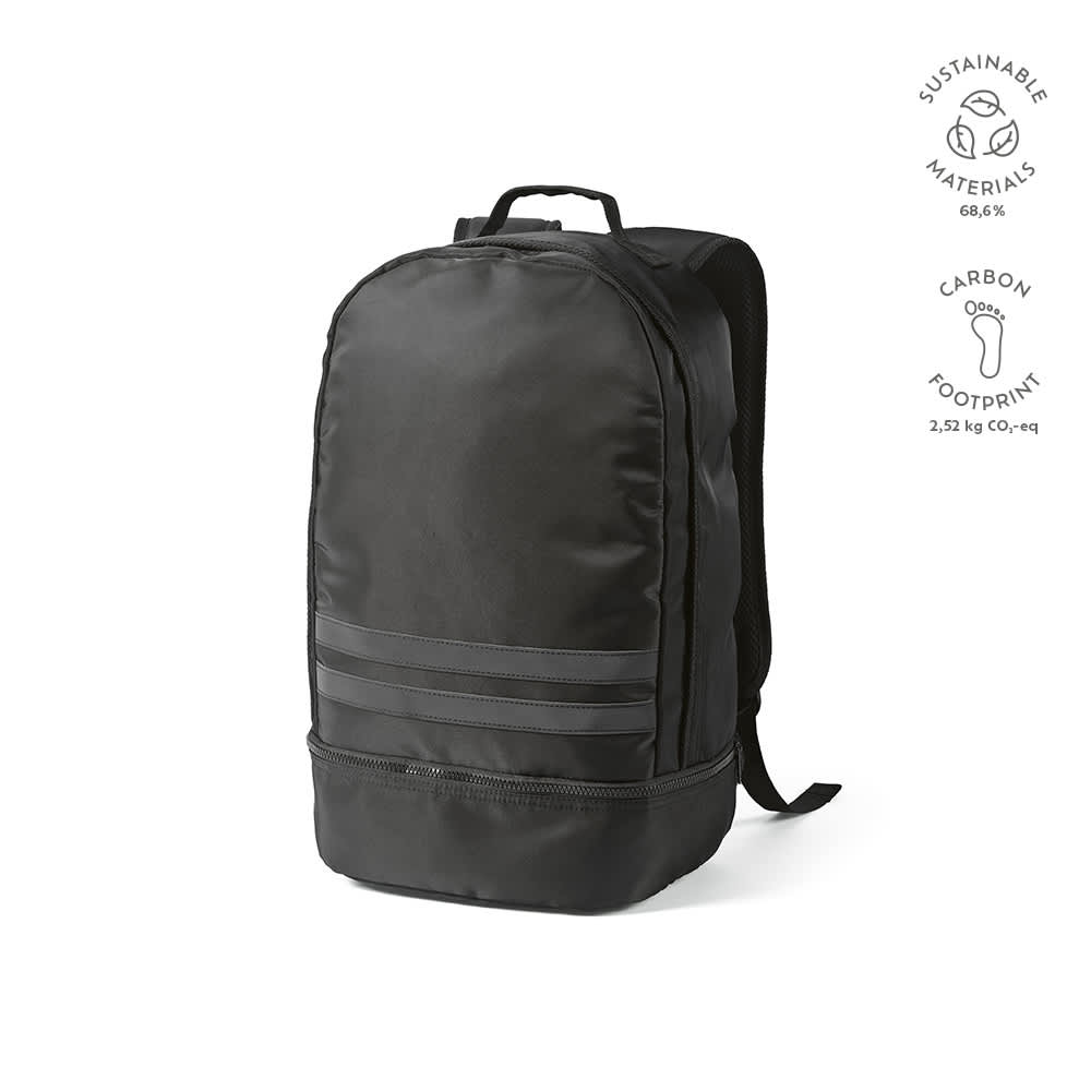 A black backpack with reflective front strips and sustainable materials, featuring a logo on the side.
