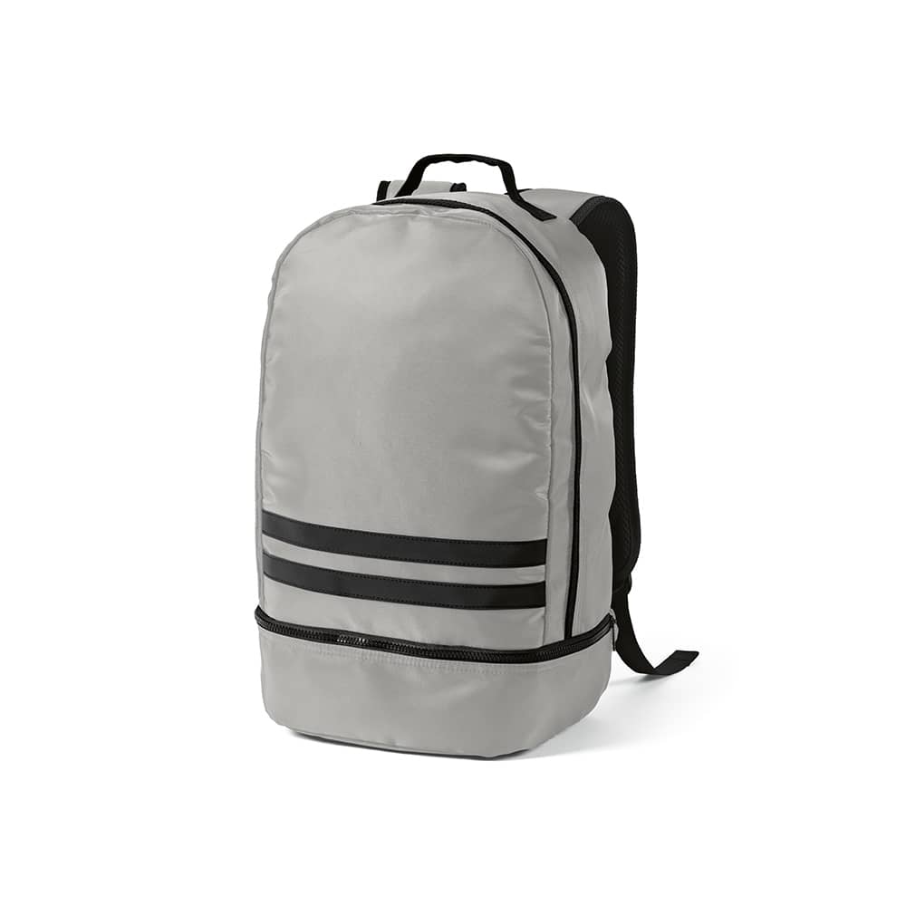 A grey backpack with black reflective front strips and a black back panel, featuring a logo.