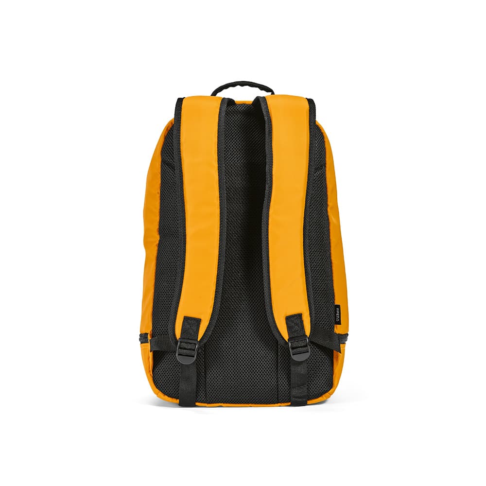 A yellow backpack with black mesh straps and reflective front strips, featuring a branded logo.