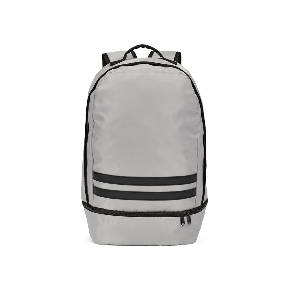 A grey backpack featuring reflective front strips and a zippered compartment. It has a logo on the front.