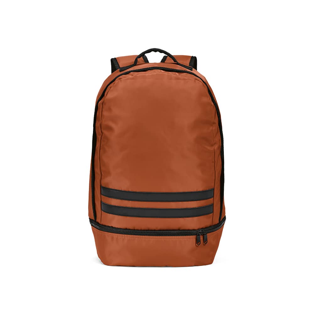 A rust-coloured backpack with reflective front strips and a zippered compartment, featuring a logo.