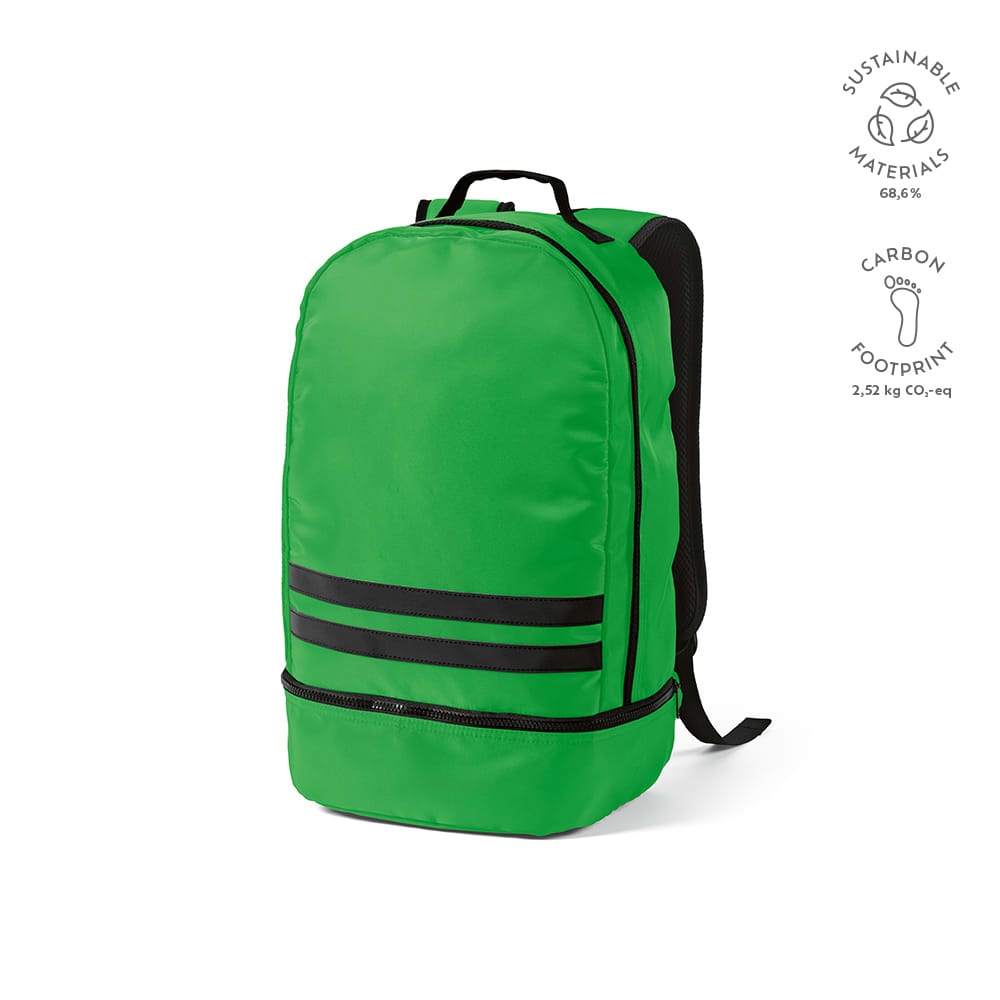 A green backpack with black reflective front strips and a logo, made from sustainable materials.