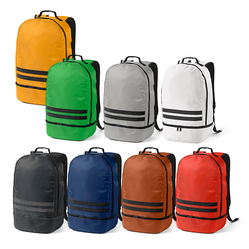 A range of Buenos Aires backpacks in various colours, featuring reflective front strips and a logo on each.