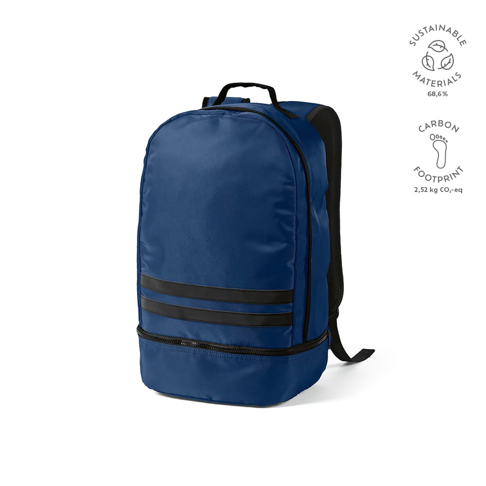 A navy blue backpack with reflective front strips, featuring a logo and made from sustainable materials.
