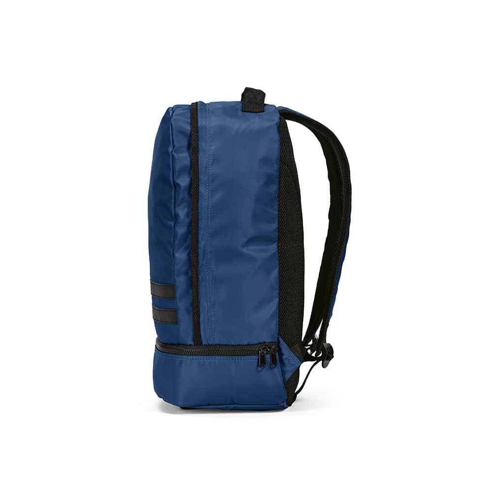 A blue backpack with reflective front strips and black accents, featuring adjustable straps and a zippered compartment.