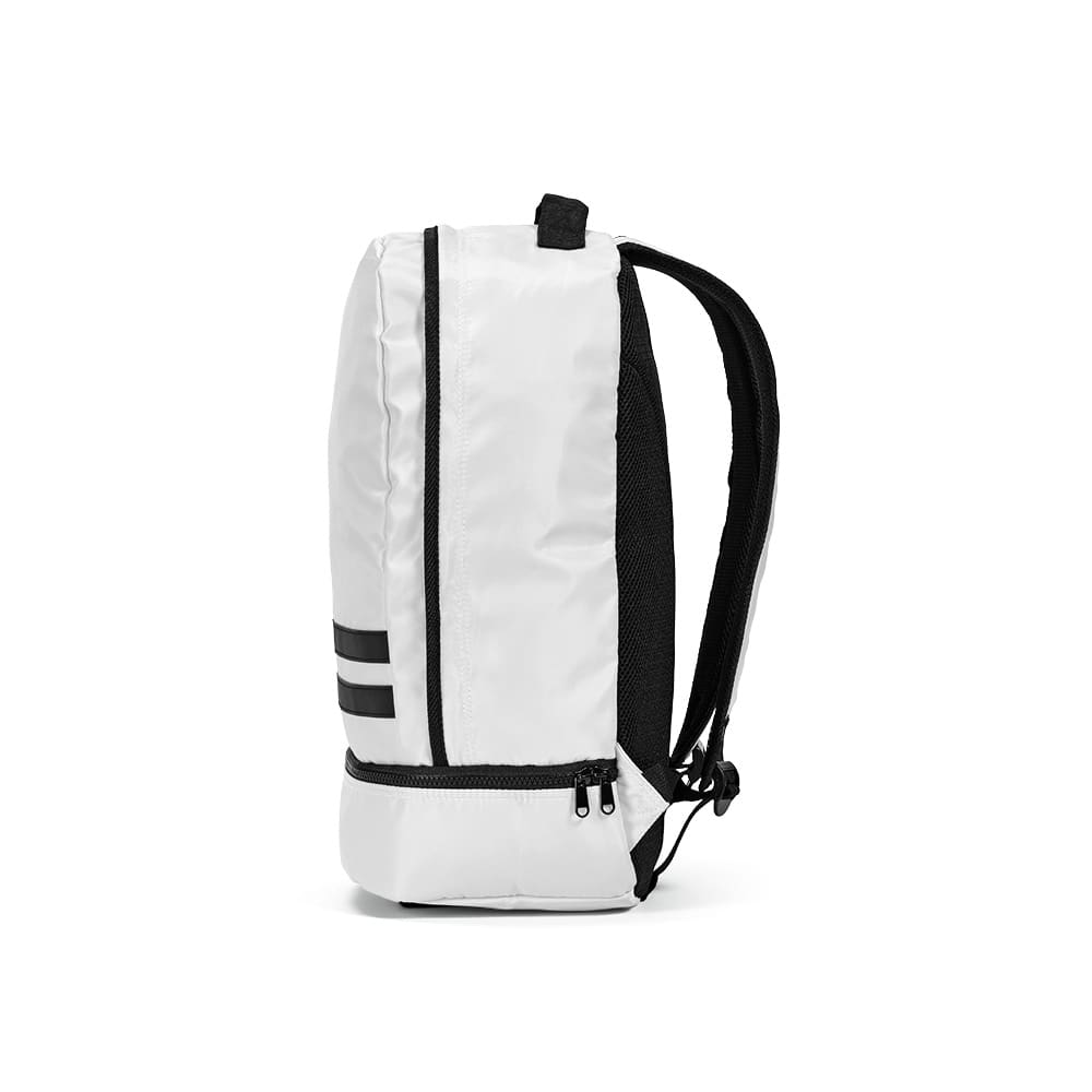 A white backpack with reflective front strips, featuring black accents and adjustable straps at the back.