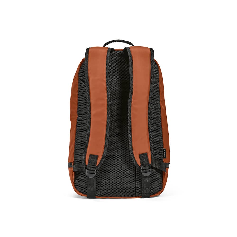 A brown backpack with black mesh shoulder straps and reflective front strips, featuring a logo.
