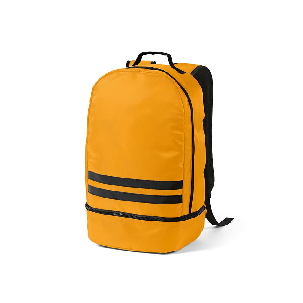 A bright yellow backpack with black reflective front strips and a sleek design. It has a logo on the side.