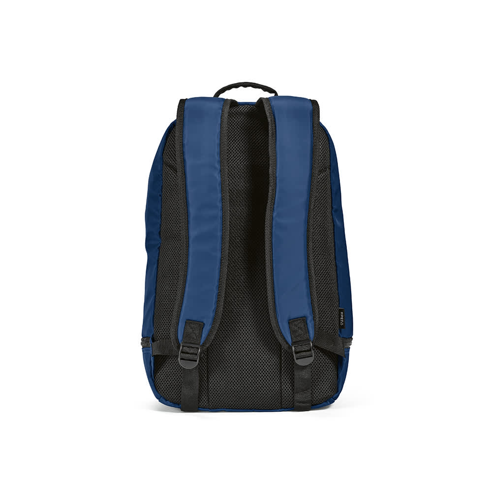 A blue backpack with black mesh straps and reflective front strips, featuring a logo.