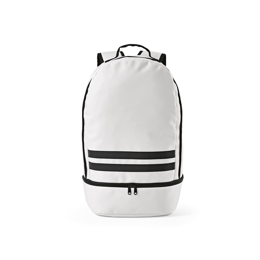 A white backpack with black reflective front strips and a zippered base, featuring a logo on the front.