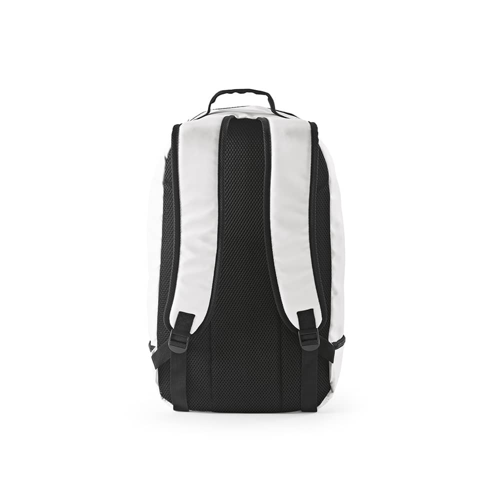 A black and white backpack featuring reflective front strips and padded shoulder straps. It has a logo on it.