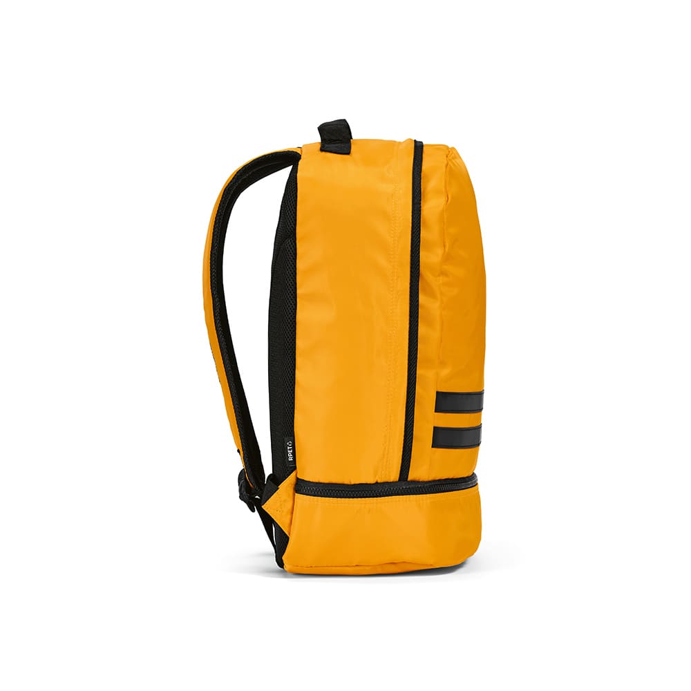 A yellow backpack with black reflective front strips and padded shoulder straps. Features a sleek, modern design.