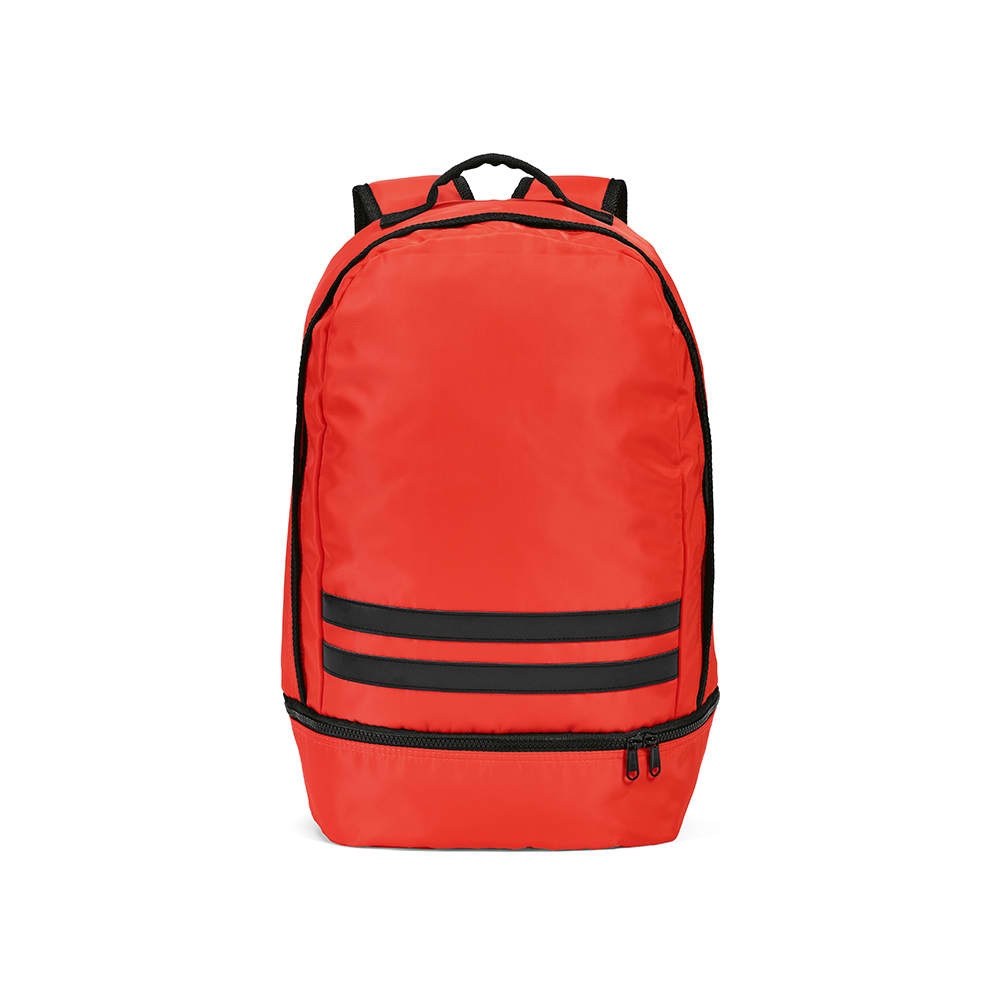 A red backpack with black reflective front strips and a zippered bottom compartment. Features a logo.