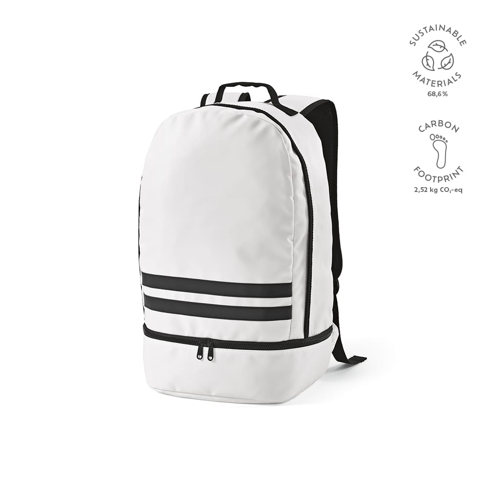 A white backpack with black reflective front strips and a logo, made from sustainable materials.