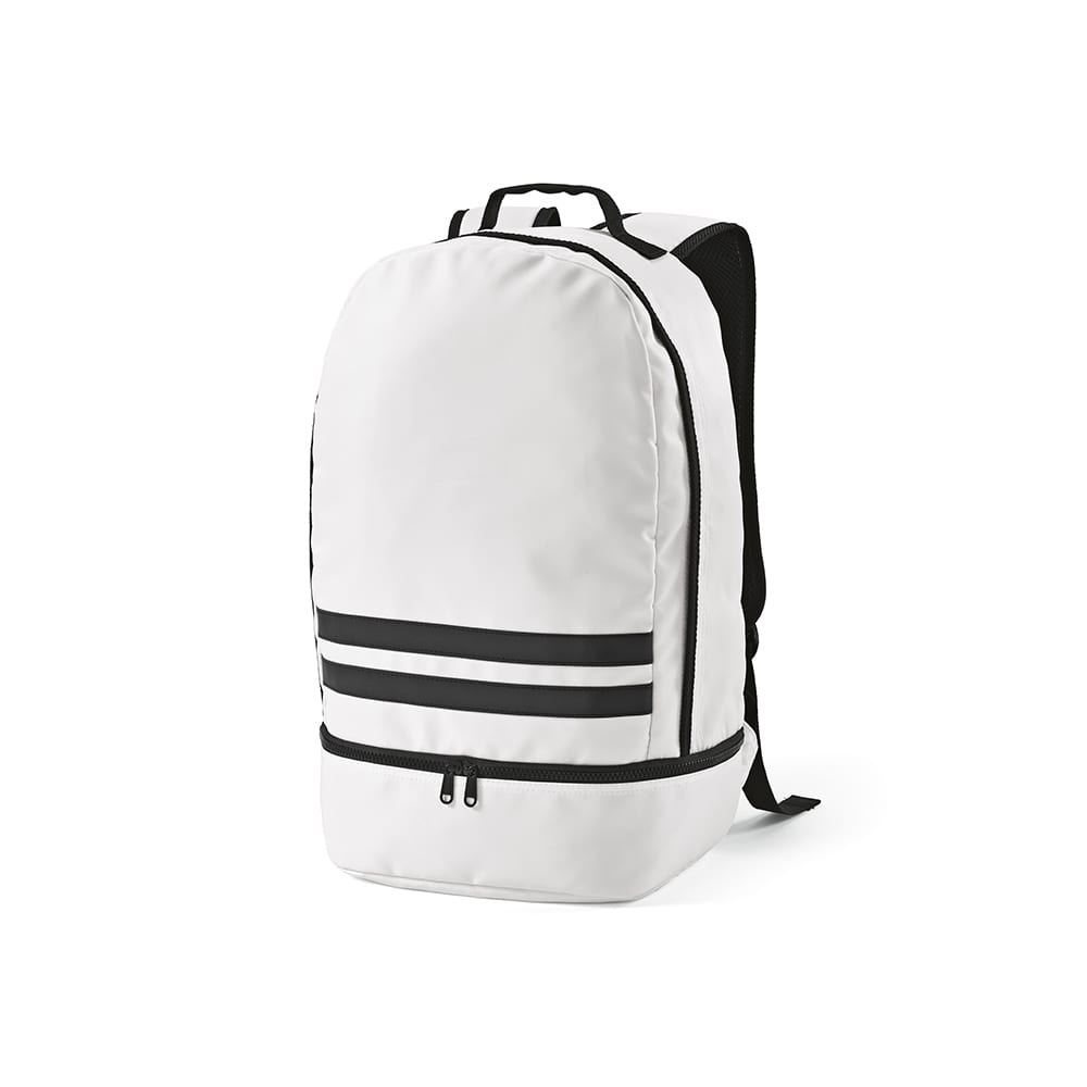 A white backpack with black reflective front strips and a zippered compartment, featuring padded shoulder straps.