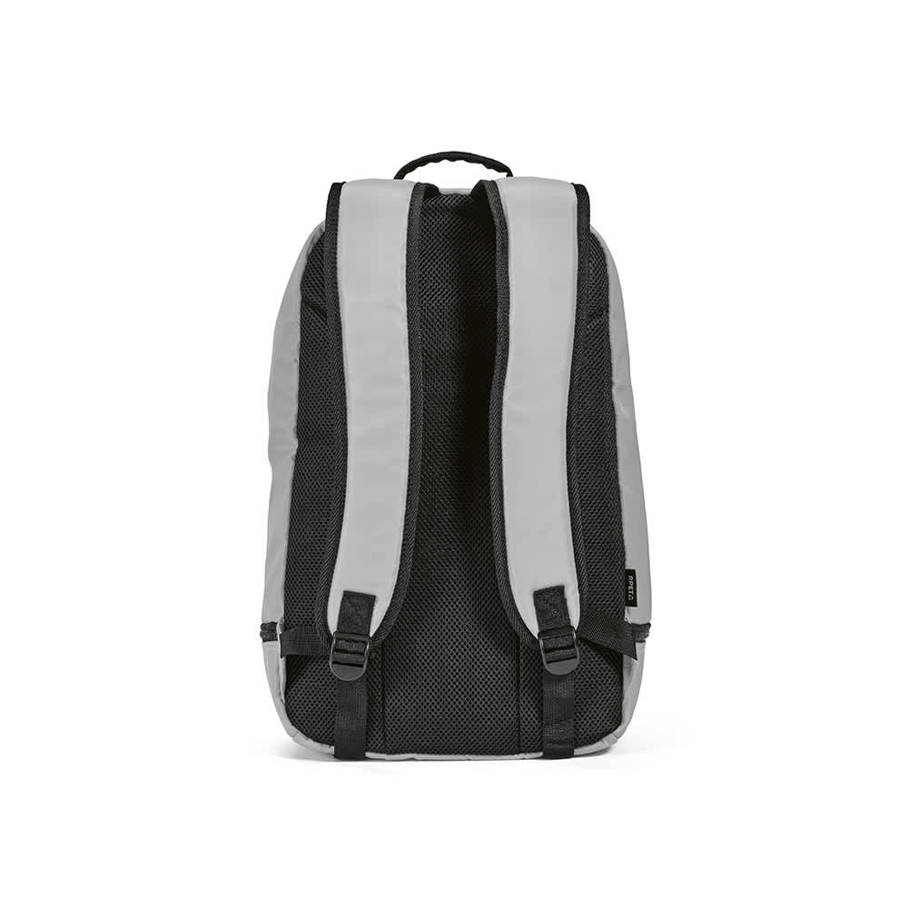 A grey backpack with black mesh straps and reflective front strips. It features a branding logo.