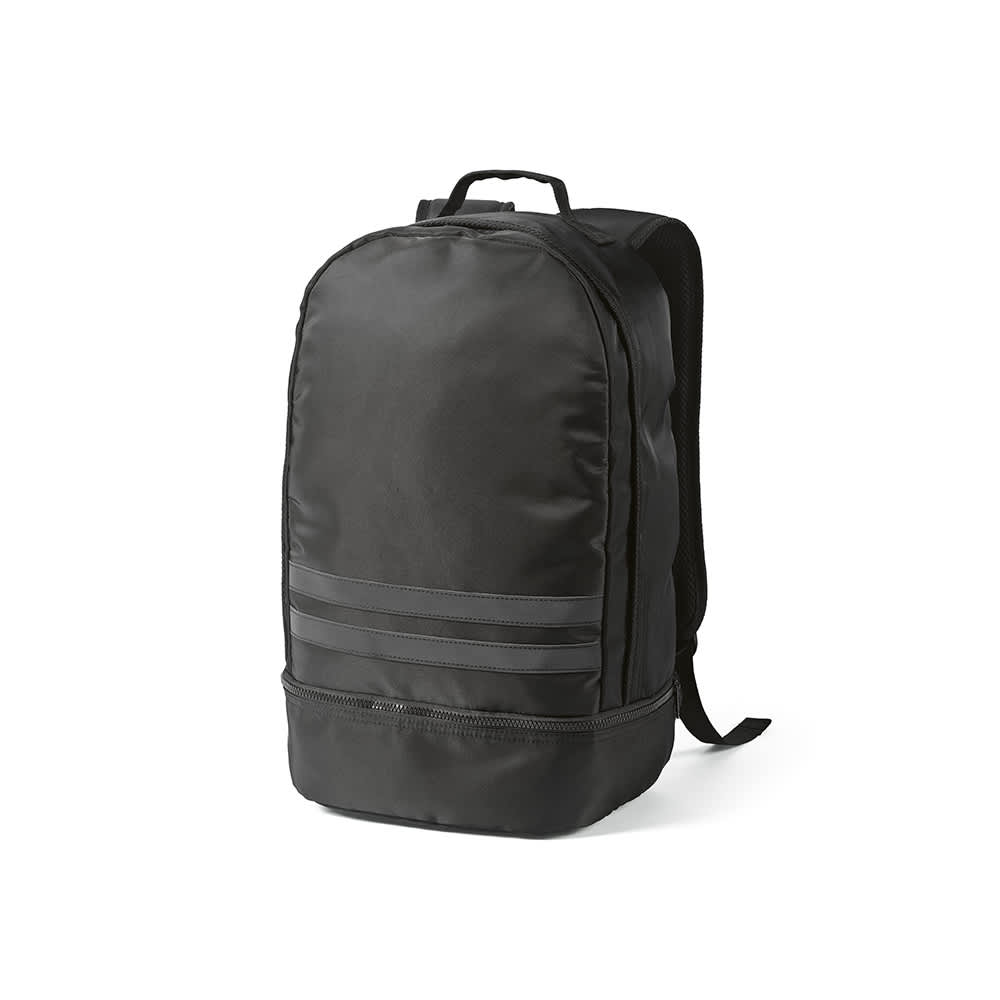 A black backpack with reflective front strips and a padded back, featuring a top handle and adjustable straps.